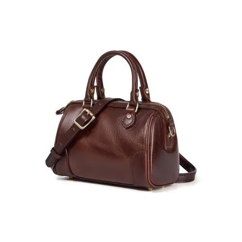DIFENISE Vegetable Tanned Top Grain Cow Leather Boston Bag Classic Vintage Handbag Small Size Women's Multicolor