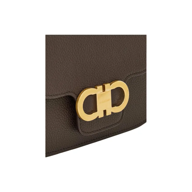 FERRAGAMO GANCINI Hammered Texture Cow Leather Crossbody Bag, Shoulder Bag Trumpets Women's Dark Brown-5
