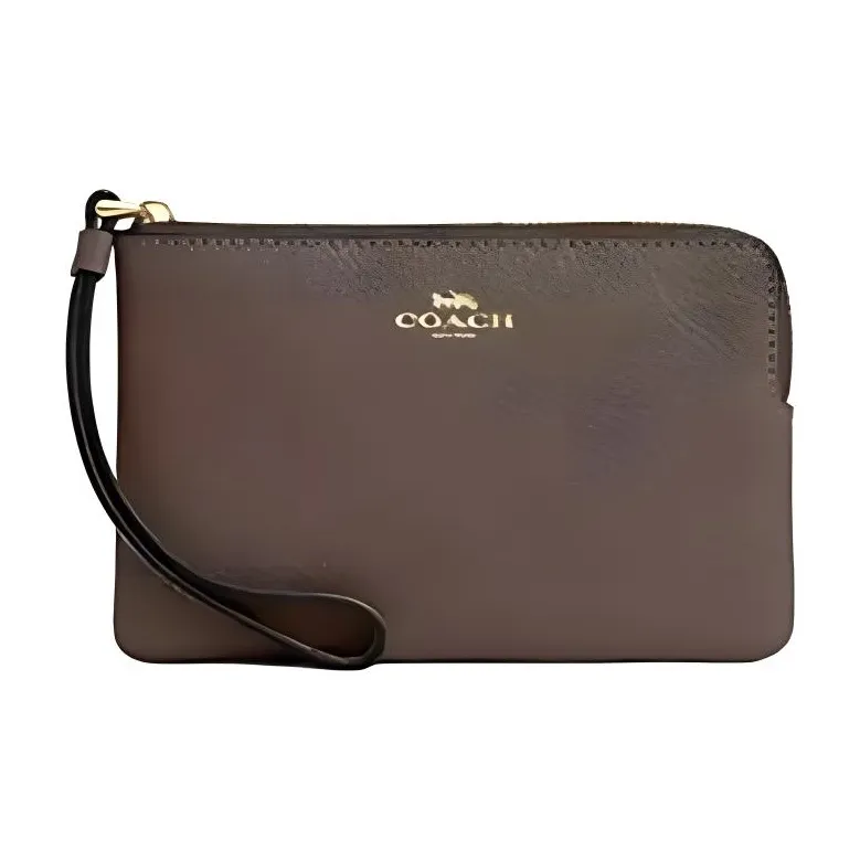 COACH Corner Zip Refined Pebble Pattern Leather Clutch Mini Women's Dark Stone Color-0