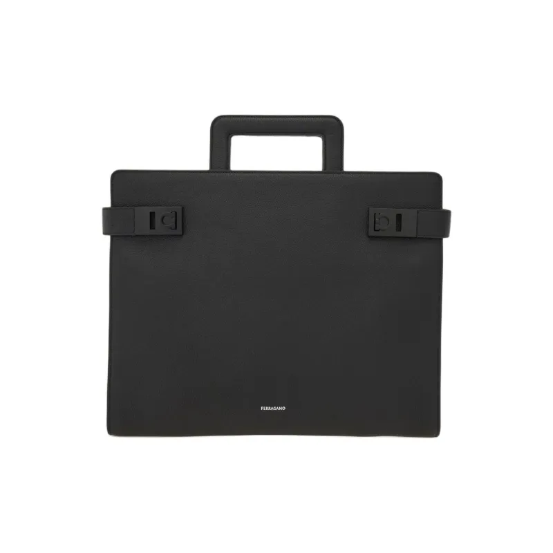 FERRAGAMO Hammered Texture Cow Leather Briefcase Men's Black-0