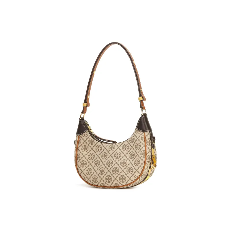 TORY BURCH T Monogram Jacquard Shoulder Bag, Crescent Bag, Handbag, Shoulder Bag Women's Hazelnut Brown Multicolor-1