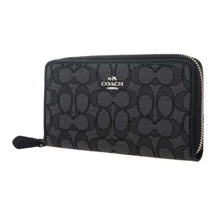COACH Accordion Zip Canvas With Leather Handheld Wallet Women's Charcoal Black Monogram-1