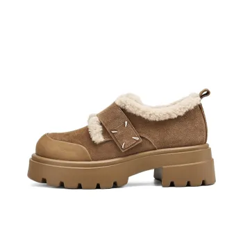 JOSINY Vintage Deep Mouth Thickened And Fleece Lined Warm Boken Fleece Lined Slippers Loafers Women's Camel