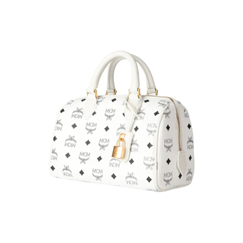 MCM Canvas With Leather Boston Bag, Crossbody Bag, Handbag Trumpets Women's White-1