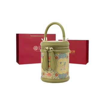 Pmsi Split Cow Leather With Fabric Bucket Bag, Shoulder Bag, Crossbody Bag, Handbag Women's Mustard Green