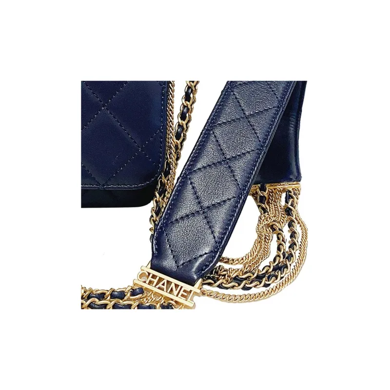 CHANEL Lambskin Messenger Bag, Shoulder Bag, Crossbody Bag Trumpets Women's Dark Navy Blue-2