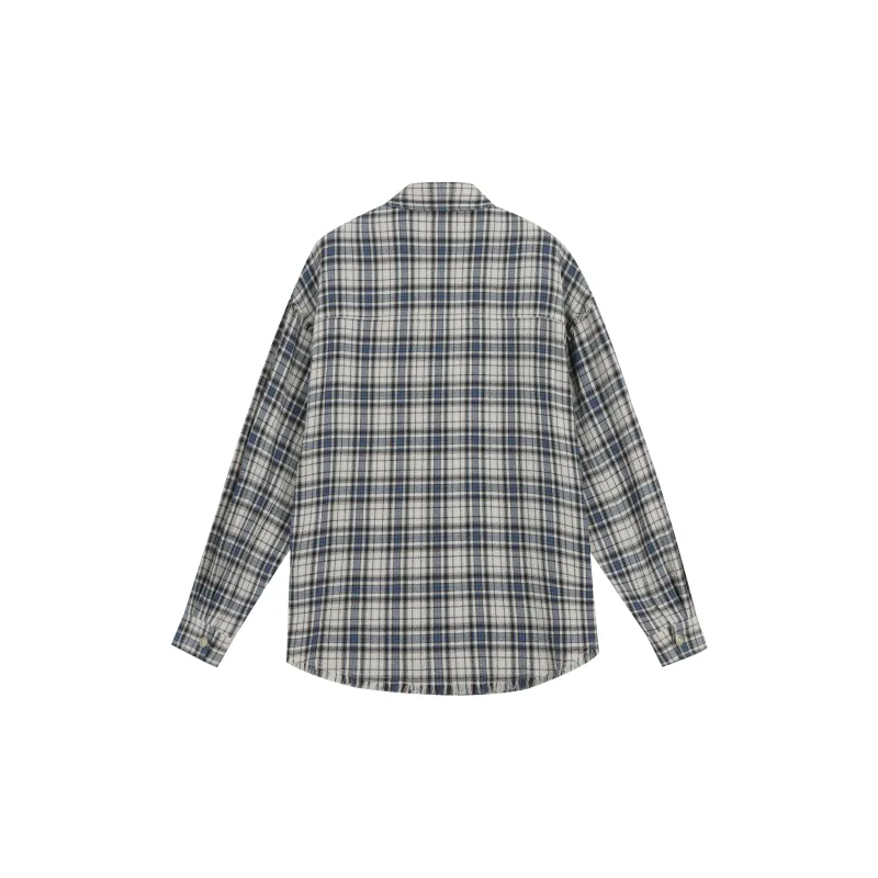 WAITINGWAVE Shirt Unisex Beige Blue Plaid-1