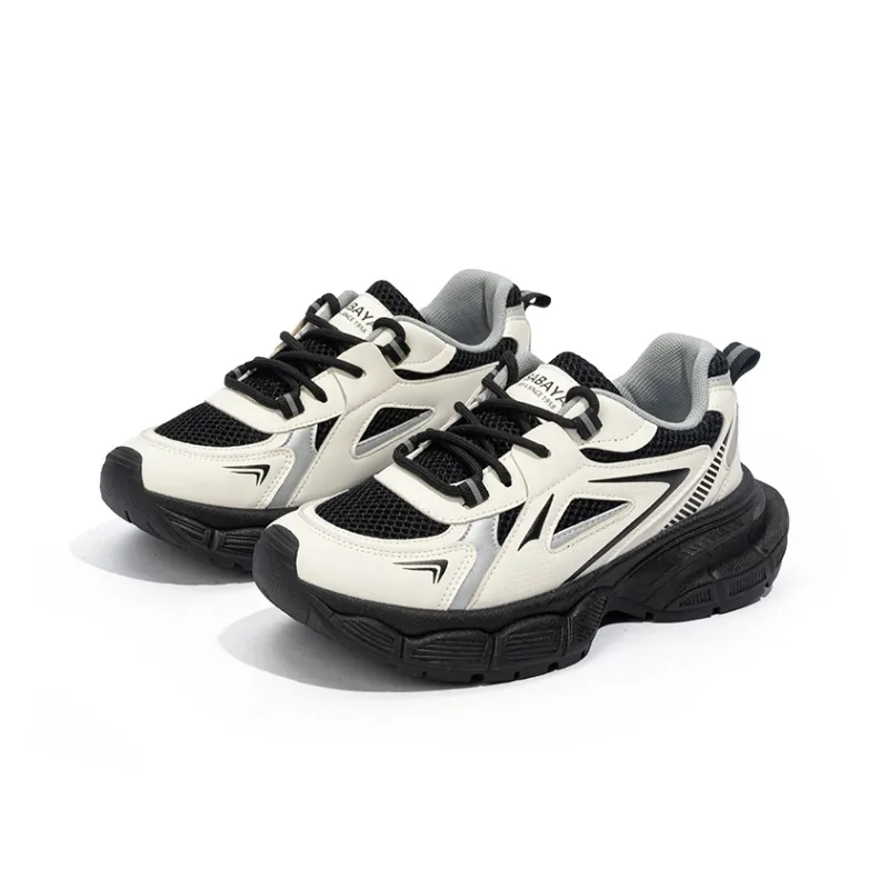 Babaya Slip Resistant Breathable Low Top Kids' Running Shoes Beige Black Teenagers-3