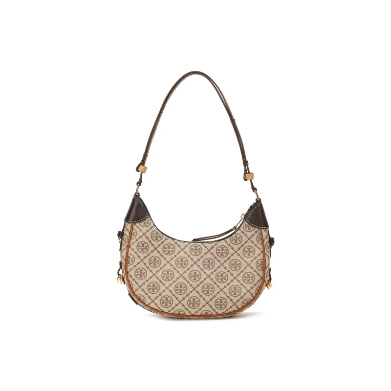 TORY BURCH T Monogram Jacquard Shoulder Bag, Crescent Bag, Handbag, Shoulder Bag Women's Hazelnut Brown Multicolor-2