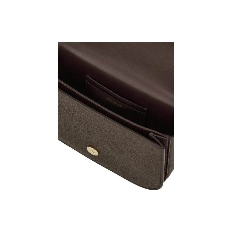 FERRAGAMO GANCINI Hammered Texture Cow Leather Crossbody Bag, Shoulder Bag Trumpets Women's Dark Brown-3