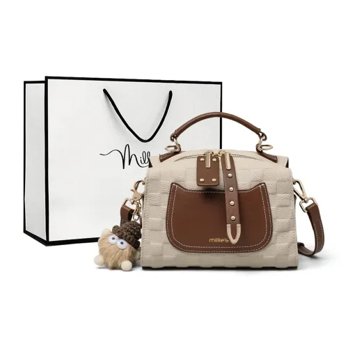 MILLIE'S Cow Leather Bonded Synthetic Leather Pillow Bag Shoulder Bag Crossbody Bag Handbag Regular Women's Ecru Coffee