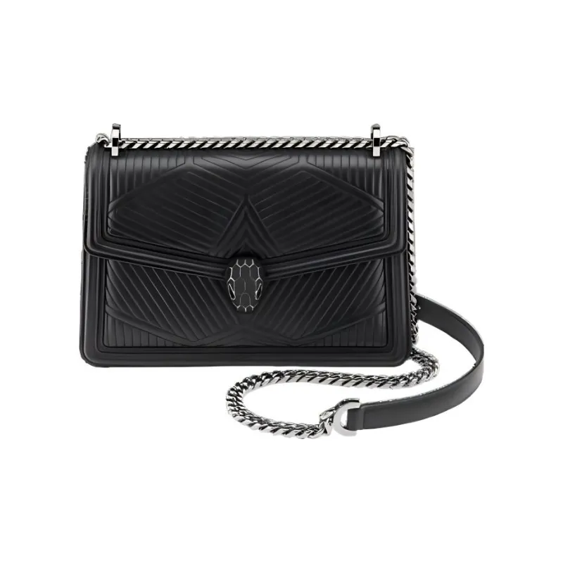 BVLGARI Serpenti Diamond Blast Quilting Lambskin Crossbody Bags Shoulder Bags Small Size Women's Black-1
