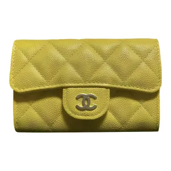 CHANEL Grain Litchi Grain Cow Leather Coin Purse, Wallet, Card Holder Women's Yellow
