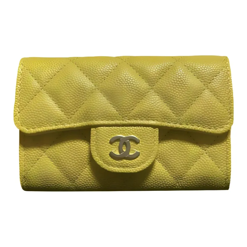 CHANEL Grain Litchi Grain Cow Leather Coin Purse, Wallet, Card Holder Women's Yellow-0