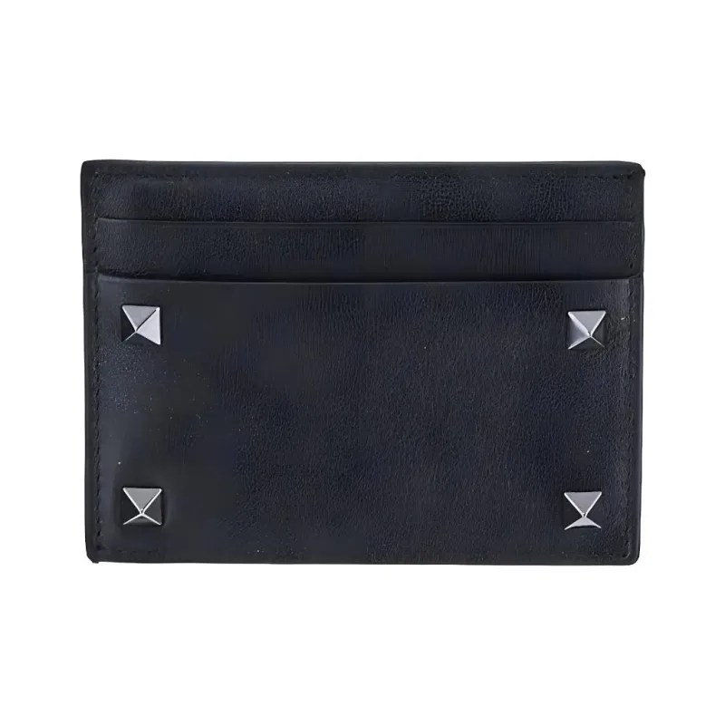 Valentino Rockstud Calfskin Card Holder Men's Black-0