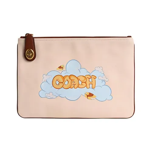 COACH Tsinghua, Collaboration Edition Fabric Clutch Medium Size Women's Brass Hardware & Mixed Natural Color