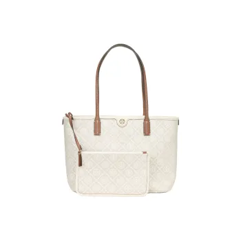 TORY BURCH Fabric Artificial Leather Tote Bag Shopping Bag Shoulder Bag Handbag Small Size Women's Natural Beige