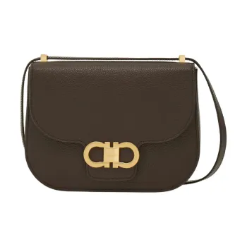 FERRAGAMO GANCINI Hammered Texture Cow Leather Crossbody Bag, Shoulder Bag Small Size Women's Dark Brown