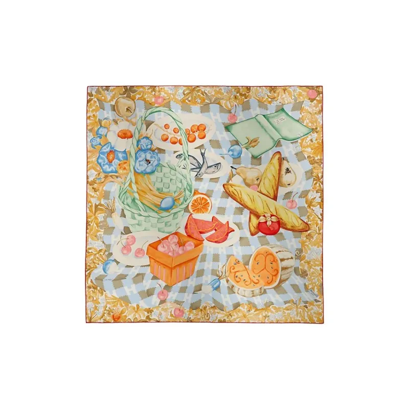 HERMES Mulberry Silk Scarves Women's Aqua Green/Beige-0
