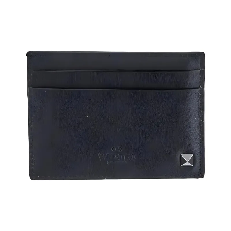 Valentino Rockstud Calfskin Card Holder Men's Black-2