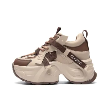 ZHR Casual Hidden Wedge 7cm Wear resistant And Lightweight Low Top Chunky Sneakers Women's Apricot Coffee