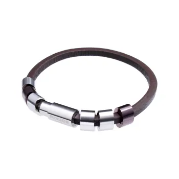 Police Stainless Steel Leather Bangles Unisex Brown