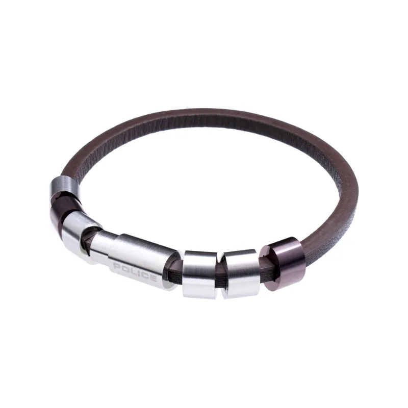 Police Stainless Steel Leather Bangles Unisex Brown-0