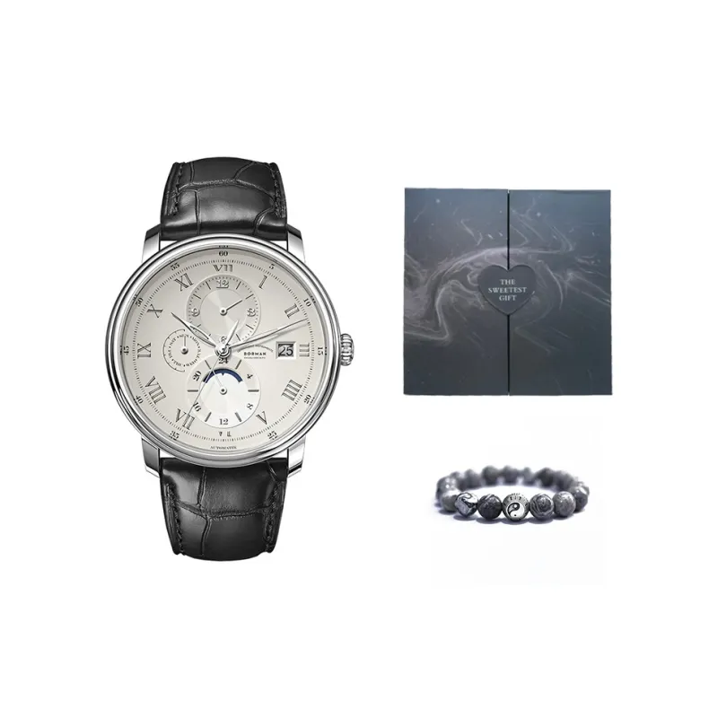 BORMAN Automatic Mechanical Movement Cowhide Strap Watch Men's Watches Beige Watch Dial-0