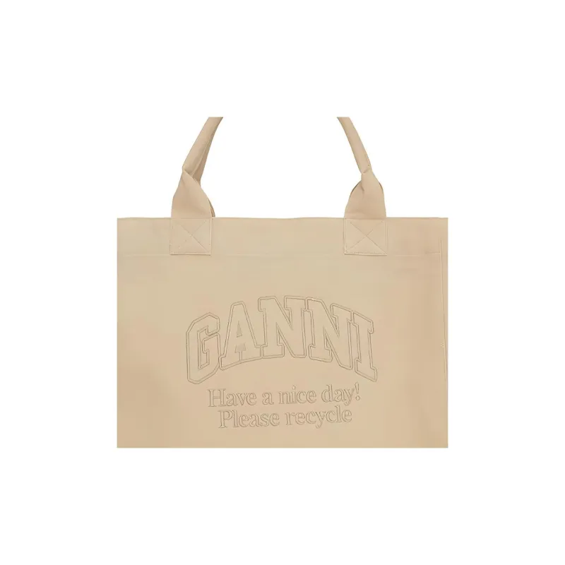 GANNI Recycled Cotton Tote Bag Shopping Bag Handbag Large Size Women's Cream-2
