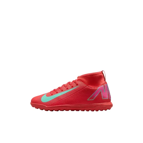 Nike ClubMercurial Superfly 10 Durable Lightweight Cushioning Mid-Top Kids' Soccer Shoes Ash Red/Aurora Green Kids'