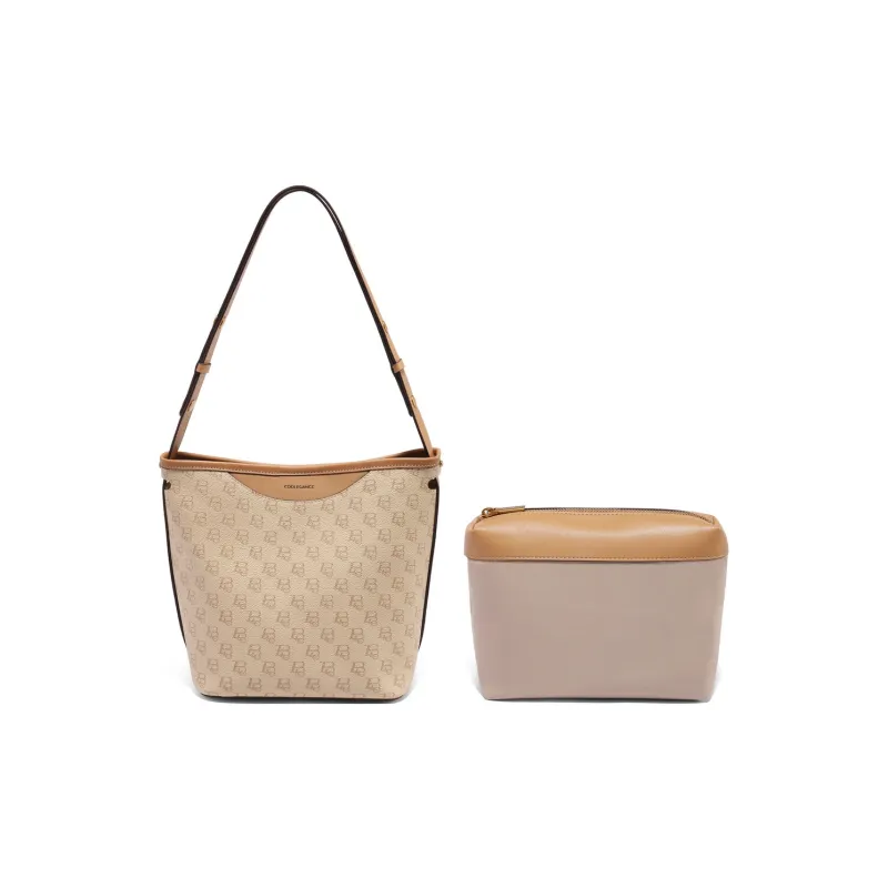 BELLE Premium Texture Shoulder Bag Medium Size Women's Coffee, Beige-15