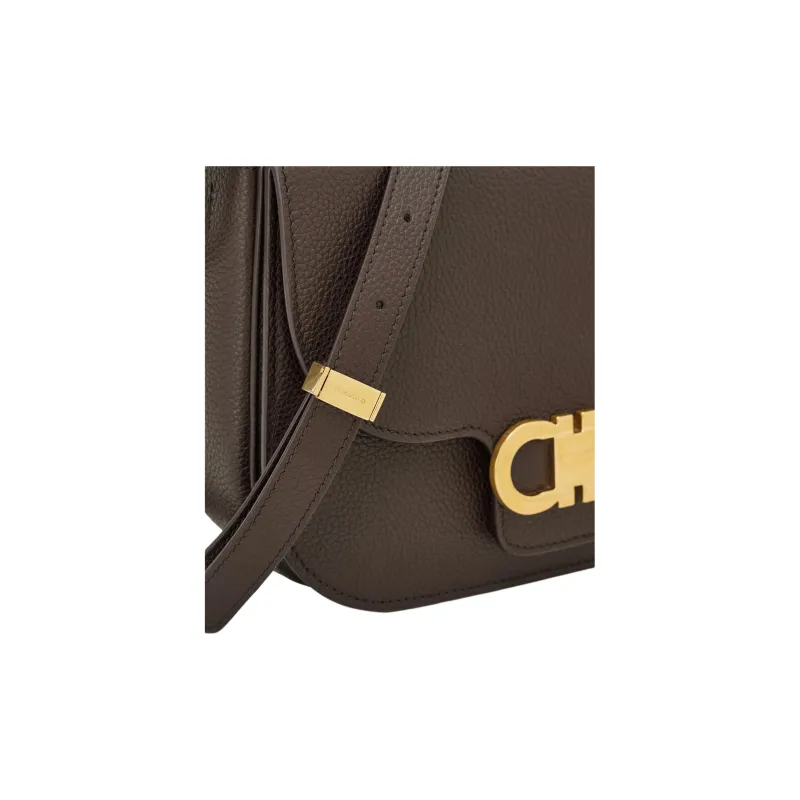 FERRAGAMO GANCINI Hammered Texture Cow Leather Crossbody Bag, Shoulder Bag Trumpets Women's Dark Brown-4