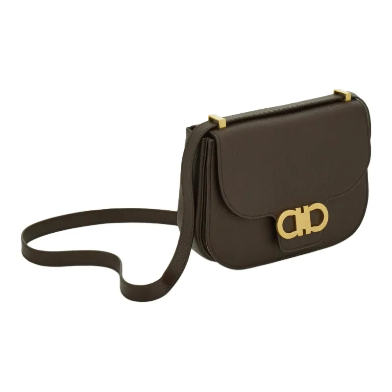 FERRAGAMO GANCINI Hammered Texture Cow Leather Crossbody Bag, Shoulder Bag Trumpets Women's Dark Brown-1