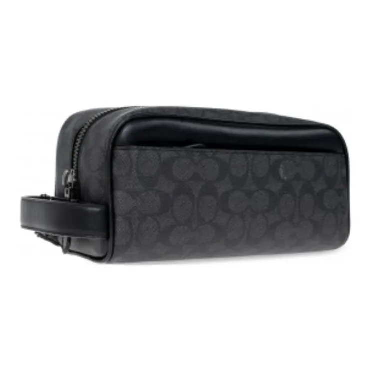 COACH Travel Kit Canvas With Leather Travel Bag Portable Makeup Bag Small Size Unisex Charcoal Black Monogram-1