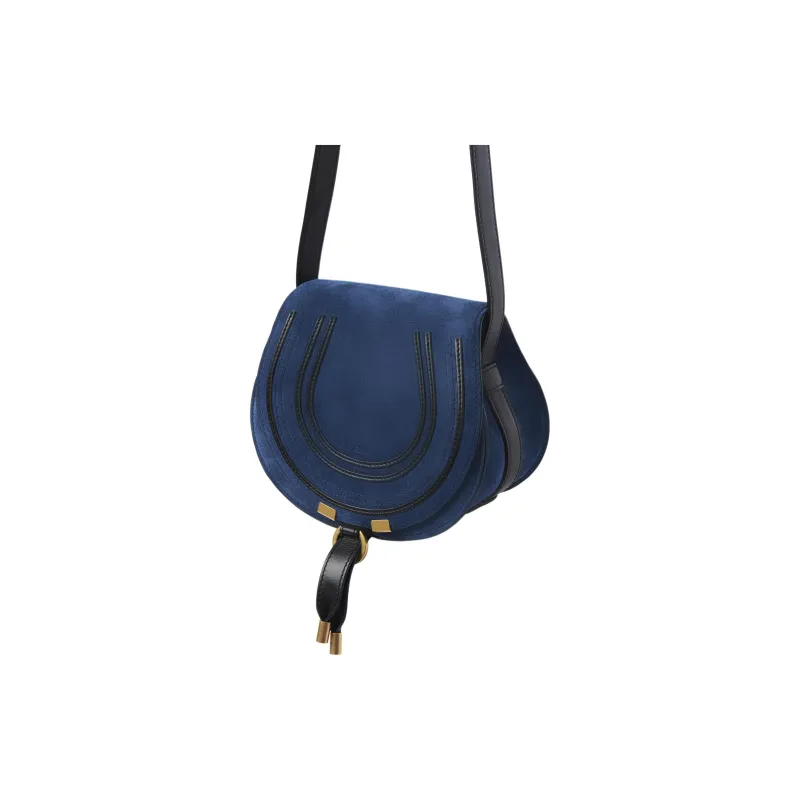 Chloe Marcie Suede Studded Calfskin Saddle Bag Shoulder Bag Crossbody Bag Small Size Women's Blue/Black-2