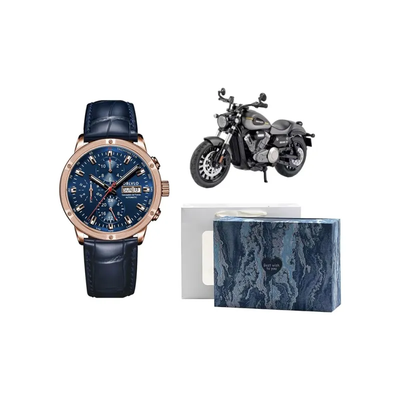 OBLVLO Automatic Mechanical Movement Cowhide Strap Watch Men's Watches Blue Dial-6