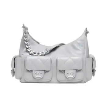 CHANEL Lambskin Hippy Bag, Motorbike Bag, Handbag, Shoulder Bag Women's Silver Gray