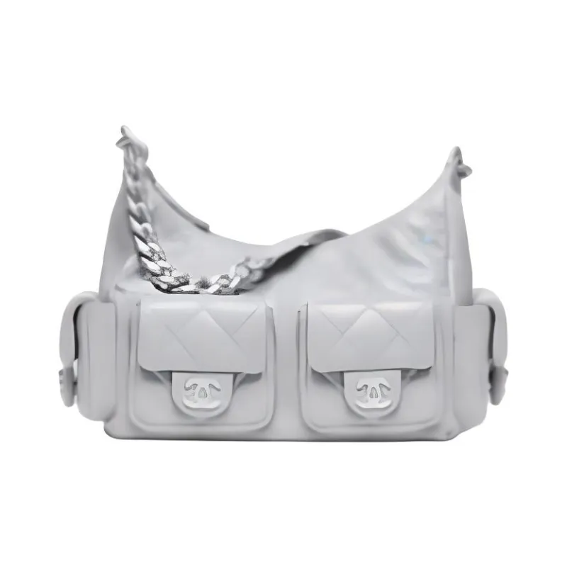 CHANEL Lambskin Hippy Bag, Motorbike Bag, Handbag, Shoulder Bag Women's Silver Gray-0