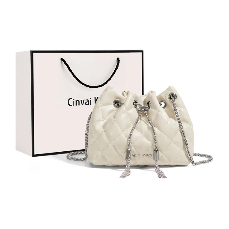 CinvaiKrose Cow Leather With Synthetic Leather Shoulder Bag Crossbody Bag Bucket Bag Small Size Women's Black/Ecru-6