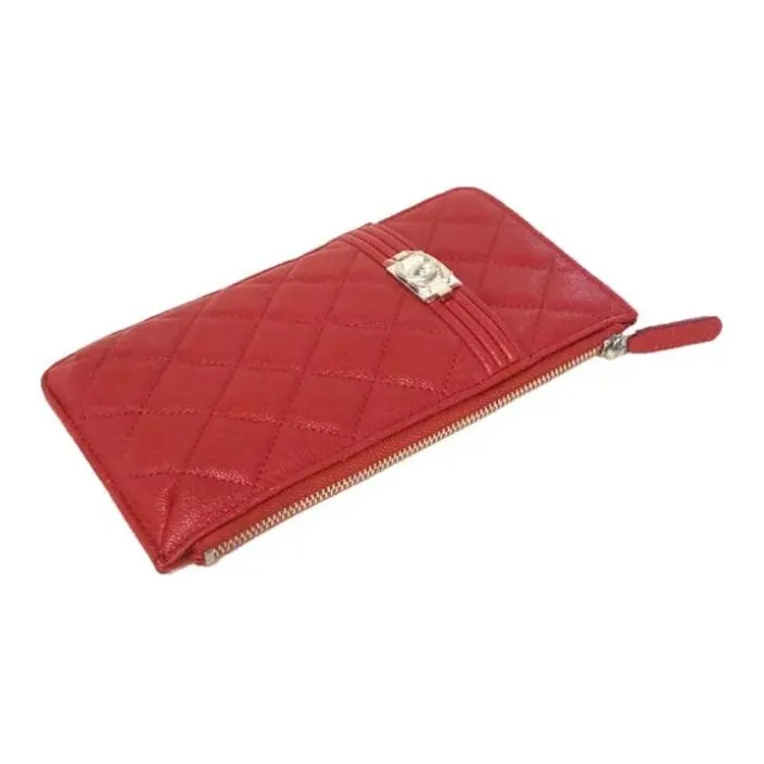 CHANEL Leboy Litchi Skin Wallet, Card Holder Women's Red-2