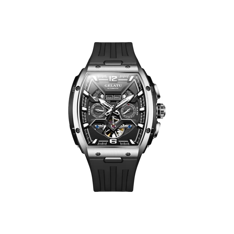 GELATU Automatic Mechanical Movement Silicone Strap Watch Men's Watches Black Dial-0