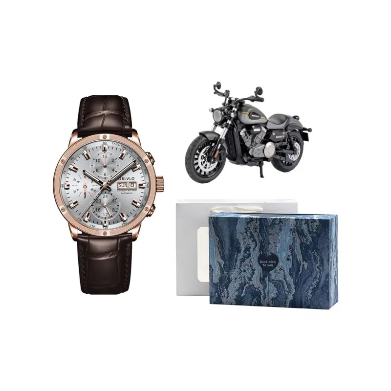 OBLVLO Automatic Mechanical Movement Cowhide Strap Watch Men's Watches Blue Dial-8