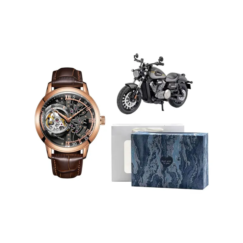 OBLVLO Automatic Mechanical Movement Cowhide Strap Men's Watches Black Dial-0
