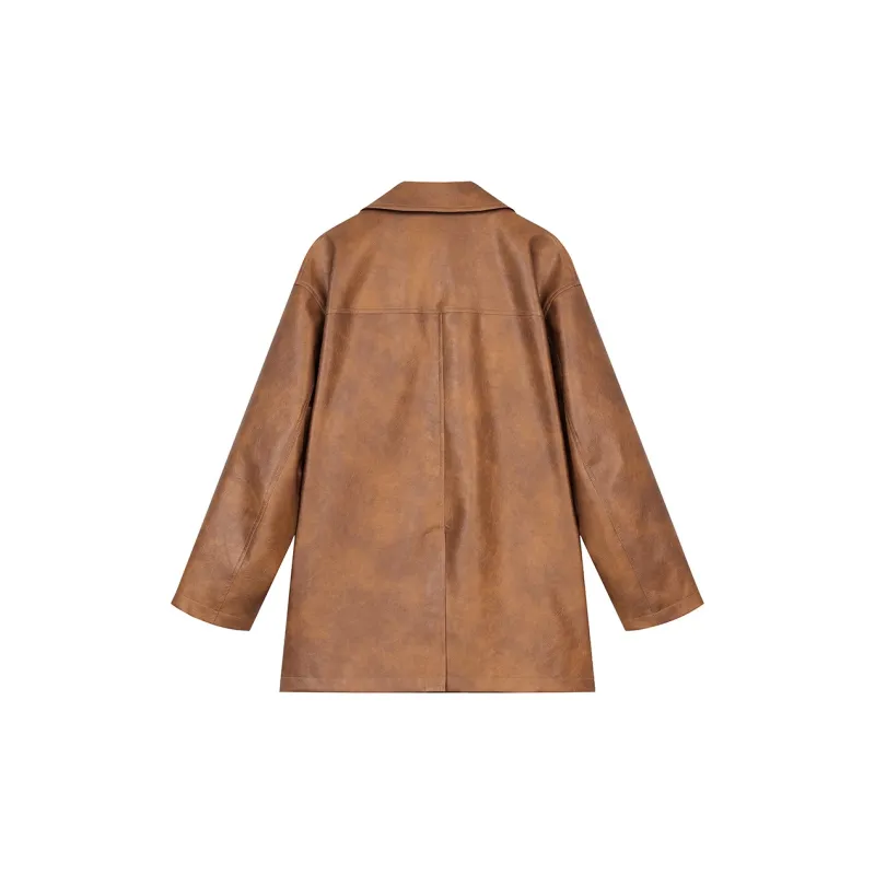 ELF SACK Leather Jacket Women's Patchy Yellow Coffee-1