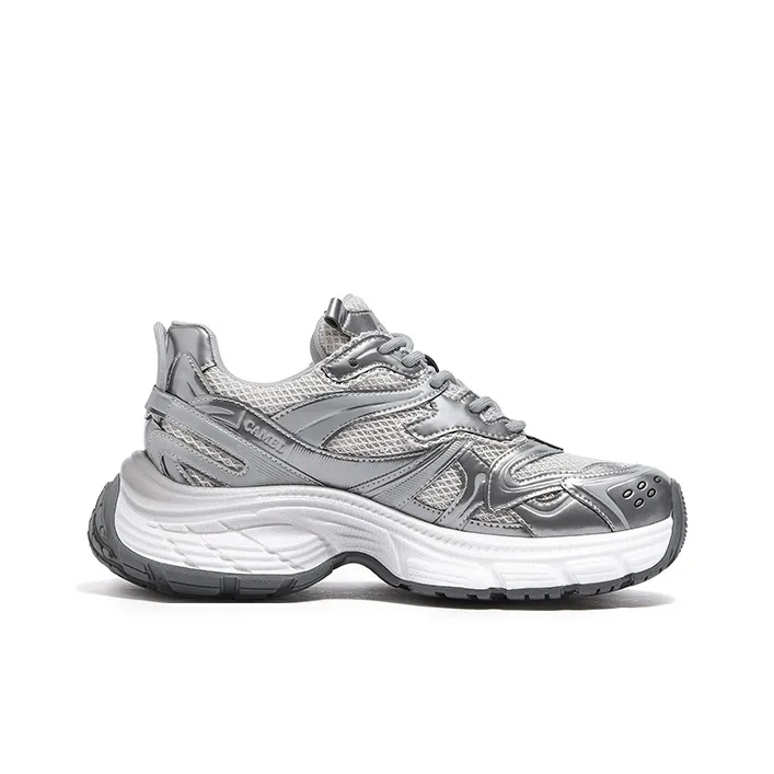 CAMEL Breathable Height Increasing Mid-Top Chunky Sneakers Women's Silver-2