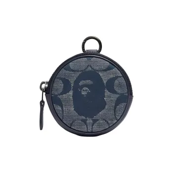 COACH Chambray With Glove Tanned Leather Clutch Cylinder Bag, Coin Purse Mini Unisex Denim Blue