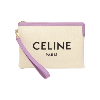 CELINE Canvas Canvas Bag Clutches Women's White & Fuchsia Trim
