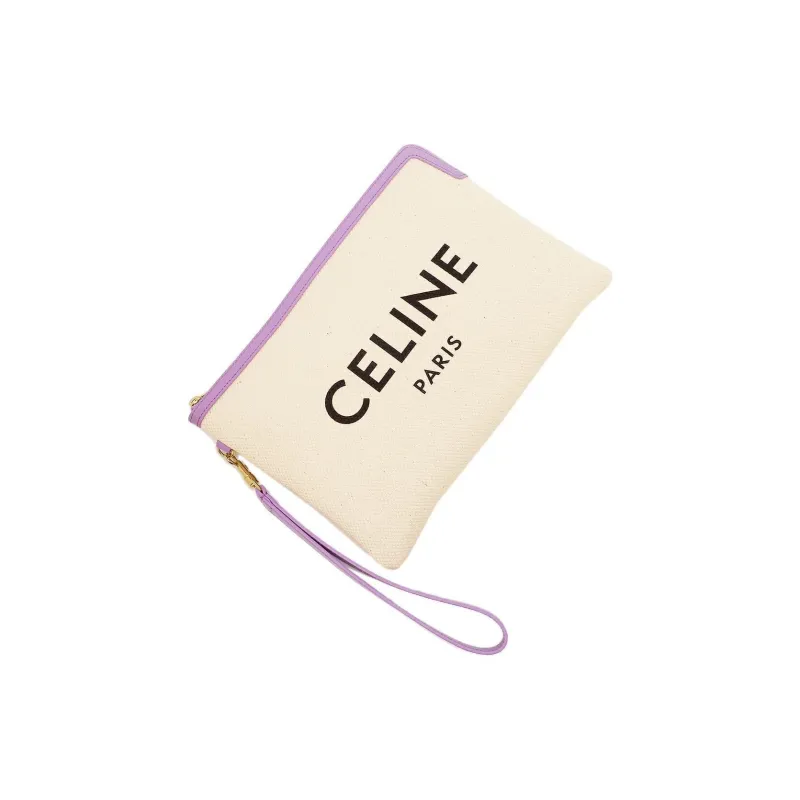 CELINE Canvas Canvas Bag Clutches Women's White & Fuchsia Trim-2