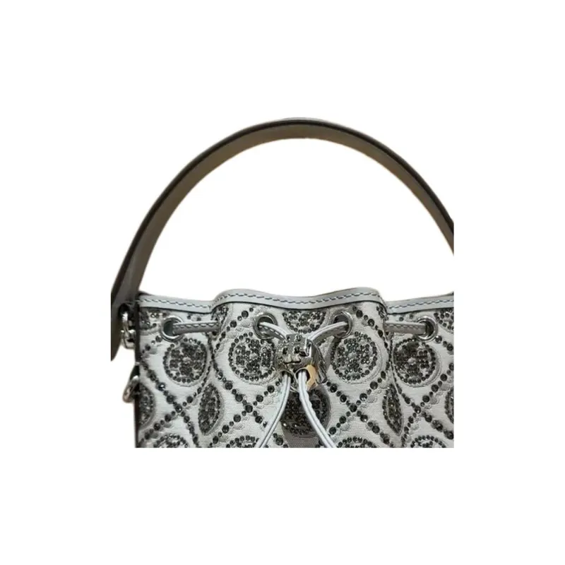 TORY BURCH T Monogram Cotton Bucket Bag, One Shoulder Handbag Mini Women's Gray-1