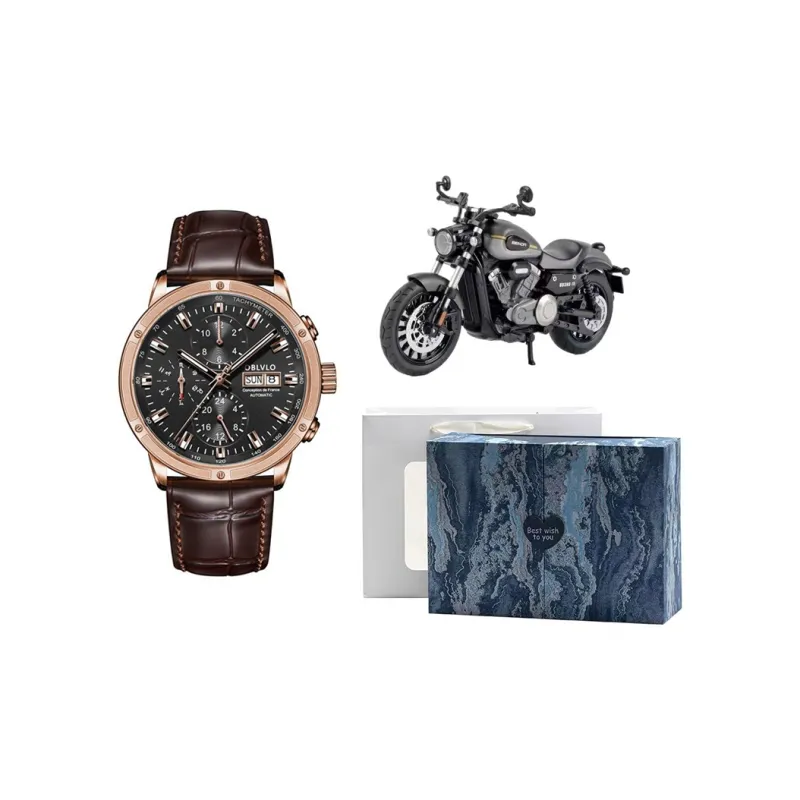 OBLVLO Automatic Mechanical Movement Cowhide Strap Watch Men's Watches Blue Dial-10